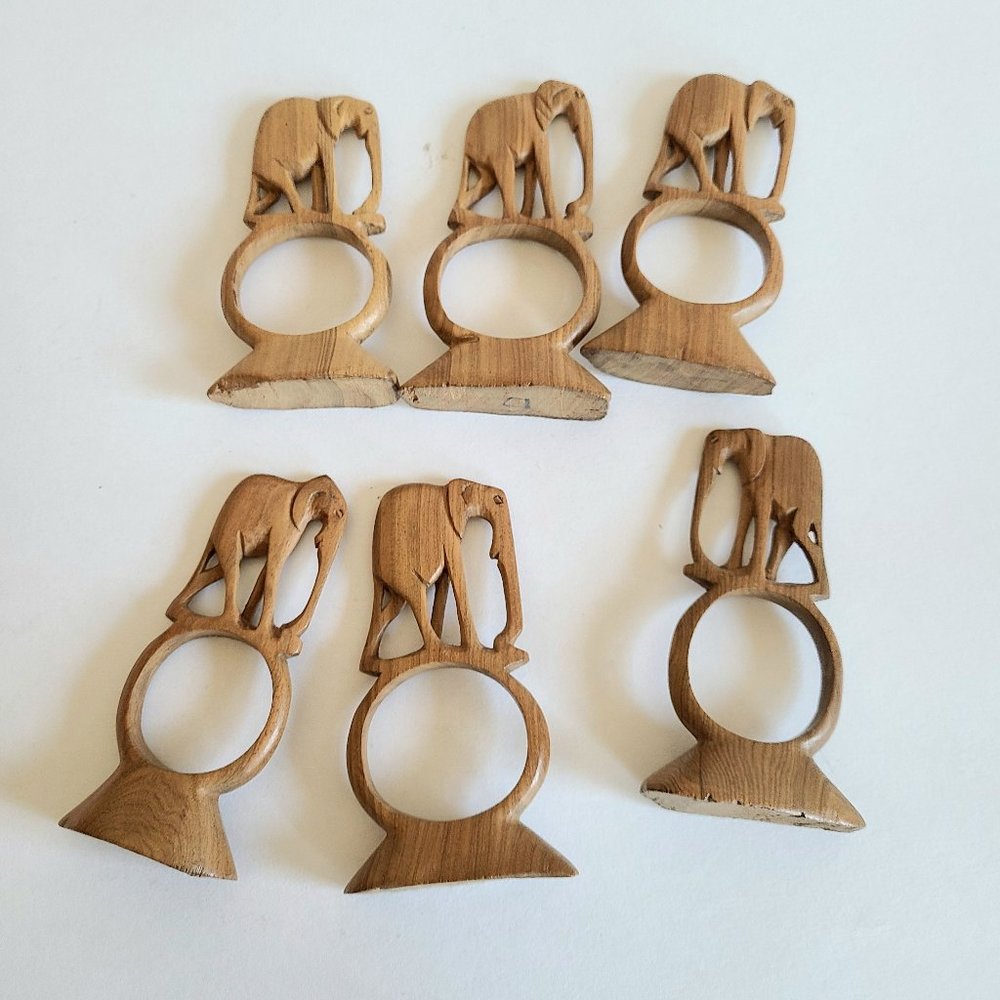 6 wooden elephants napkin holders rings. Safari African decor.